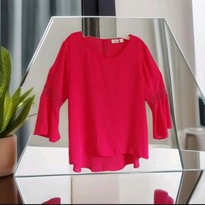 Cato Boho Red Orange Flutter Sleeve Top Size L  Crochet Trim Blouse Round Neck